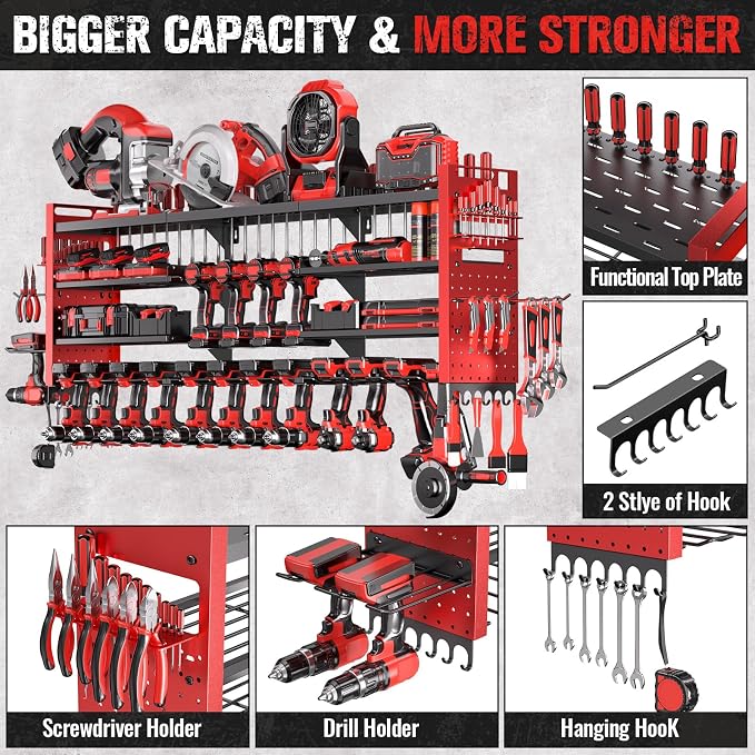 49.8" Power Tool Organizer Wall Mount,Holds 18 Cordless Drills | Large 4-Tier Tool Storage Rack, Heavy Duty 450 lb Load Capacity for Garage Workshop, Black, Gift for Men