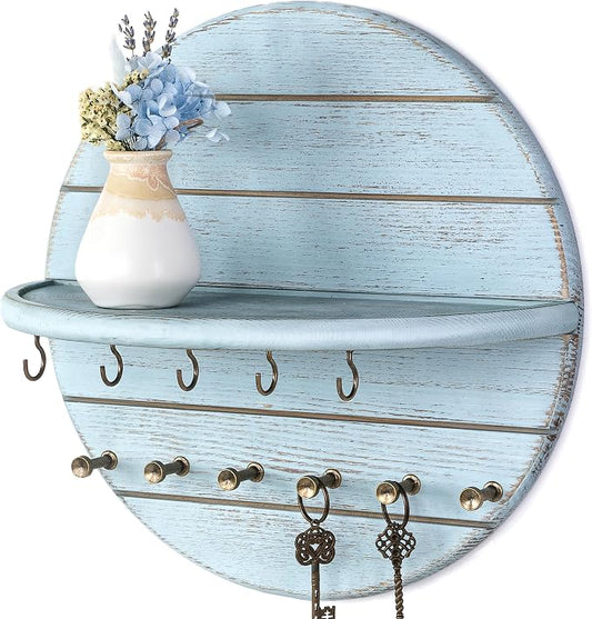 Rebee Vision Key Holder Wall Mount with Floating Shelf for Mails, Blue | Pine Wood, Key Holder for Sunglasses & Small House Items, Entryway Organizer, Kitchen Wall Storage, Farmhouse Home Decor