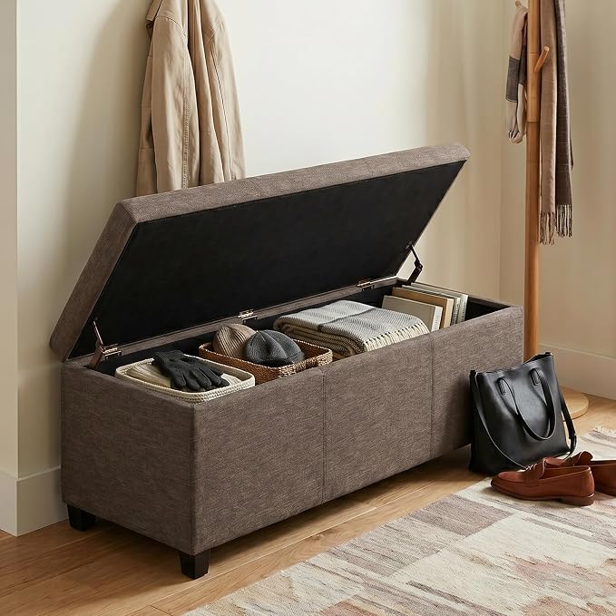 SIMPLIHOME Avalon Storage Ottoman Bench - 48" Wide x 16" High Upholstered Linen Look Fabric Rectangular Lift-Top Ottoman in Fawn Brown, Contemporary Bench for Living Room with High-Density Foam