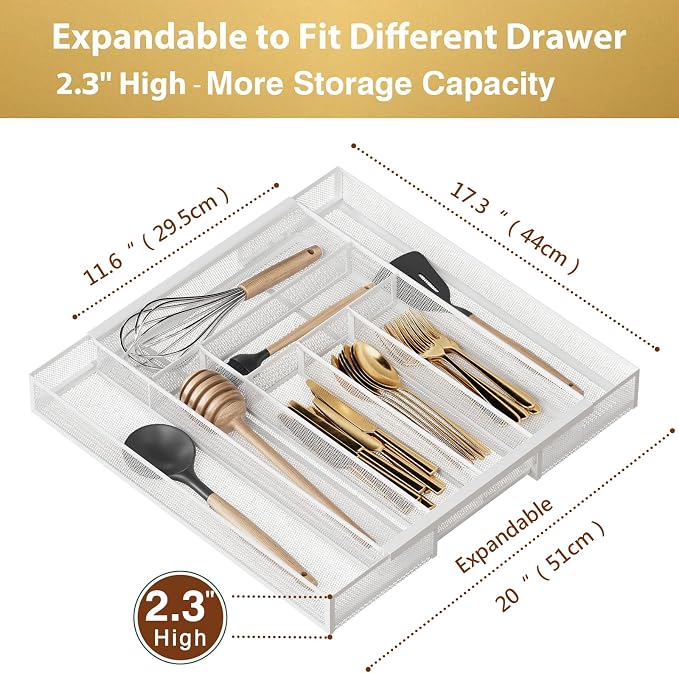 Sedegn Expandable Kitchen Utensil Organizer - 11.6" to 20" Adjustable | Cutlery Tray with 6-8 Compartments - Fits Various Drawer Sizes & Holds Large Ladles Spatulas Forks Spoons & Knives White