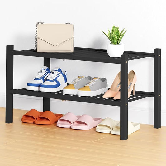 Smiry Bamboo Shoe Rack, 14 Vertical Slats, 2 Tier - 26.8" Wide, Black | Stackable Free Standing Wooden Shoe Organizer, Wood Shoe Storage Shelf for Closet, Entryway, Thicher Leg
