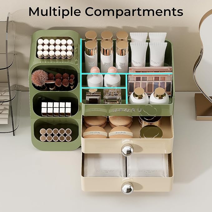 UFORU Makeup Organizer Countertop with Brush Holder for Vanity Bathroom | Large Capacity, Thickened Plastic, Compact Size, 2 Big Drawers, Detachable Brush Holder, Divided Compartments, Easy Access