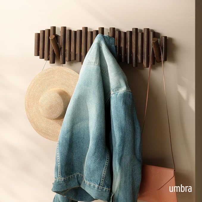 Umbra Picket Coat Rack, Wall Mount 8 Flip-Down Coat Hooks, Walnut | Beveled pine wood dowels, supports up to 5 lbs, mounting hardware included, space saving
