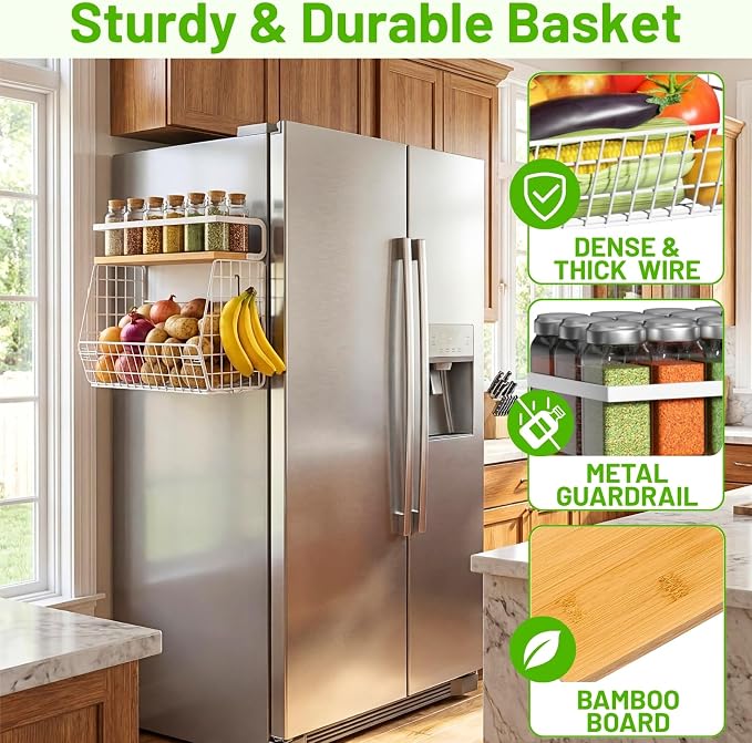 Magnetic Fridge Shelf with Wood Lid, Fruit Potato Onion Storage Bins, Pantry Organizers, Large Container Spice Rack for Refrigerator, Kitchen Counter, Cabinet (1, White)