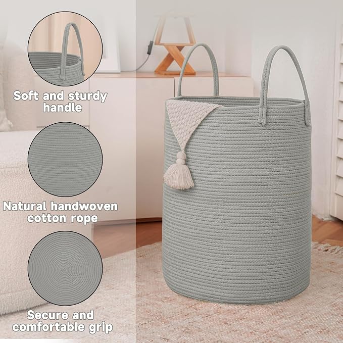 JMvicyroam 80L Cotton Rope Laundry Basket Hamper, Grey | Collapsible laundry basket, reinforced handles, freestanding, machine washable, holds 3-5 thick blankets, clothes or toys