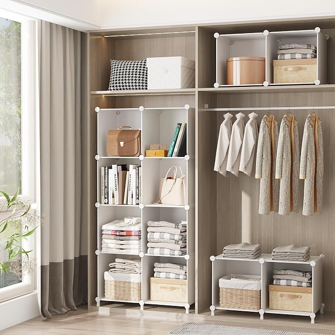 AWTATOS 8 Cube Storage Organizer, Closet Organizer Storage Shelf, White | DIY Stackable Storage Cubes Shelves for Closet, Bookcase Bookshelf, Plastic Shelving for Bedroom, Home Office