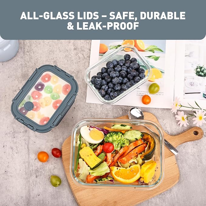 Liuruiyu 10 Pack Glass Food Storage Containers with Glass Lids, Airtight Meal Prep Containers, Leak-Proof Bento Boxes for Microwave, Oven, Freezer & Dishwasher, BPA-Free