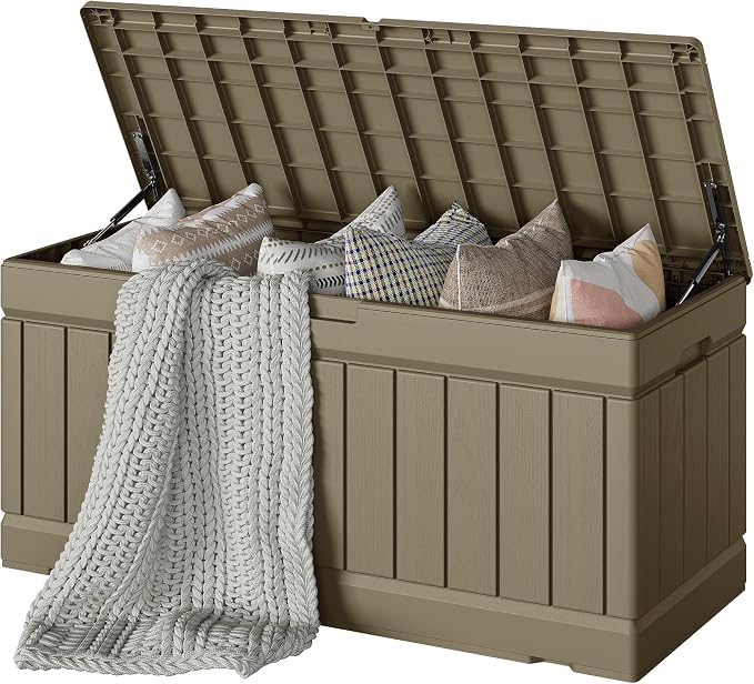Devoko 78 Gallon Deck Box, Waterproof Resin Outdoor Storage Box | Outdoor Storage Bench Lockable for Outside and Patio Furniture, Garden Tools and Pool Supplies