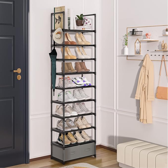 Tall Shoe Rack Narrow 10 Tier Shoes Rack 20 25 Pairs + 2 Boxes 1 Hook | Shoe Storage Organizer for Closet, Entryway, Living Room,Sturdy Metal Shoe Shelf Shoe Stand Closet Organizers and Storage