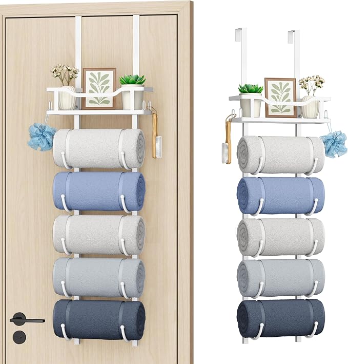 SWTYMIKI Over the Door Towel Rack - 6 Tier Towel Racks for Bathroom Wall Mounted, Towel Holder with Shelf, Hanging Rolled Towel Storage Organizer for Small Bathroom, Camper, RV, White