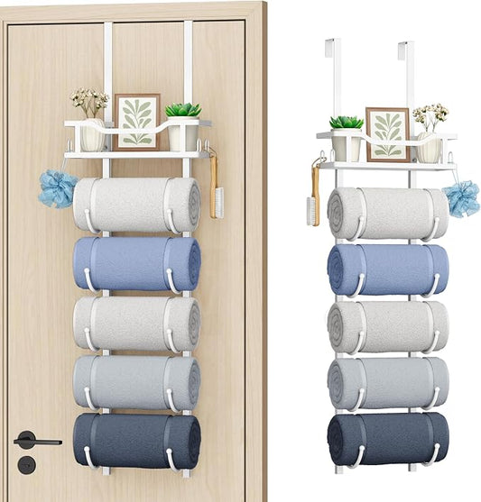 SWTYMIKI Over the Door Towel Rack - 6 Tier Towel Racks for Bathroom Wall Mounted, Towel Holder with Shelf, Hanging Rolled Towel Storage Organizer for Small Bathroom, Camper, RV, White