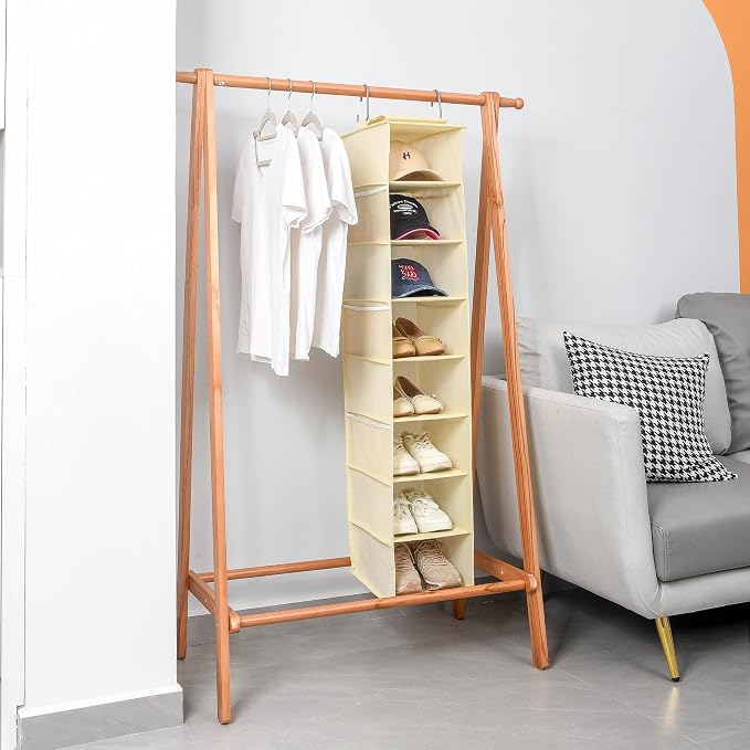 Berdeng Hanging Shoe Organizer for Closet with Side Mesh Pockets，Hat Racks for Baseball Caps，Shoe and Hat Holder & Storage，8-Shelf，Beige，2 Pack