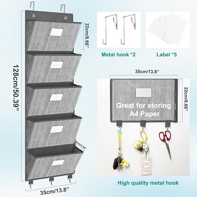 Over the Door File Organizer, Hanging File Folders, Wall Organizers and Storage for Mail, Magazine, Notebooks, Planners, Office, Classroom, 5 Extra Large Pockets, 50.39” Tall (Grey)