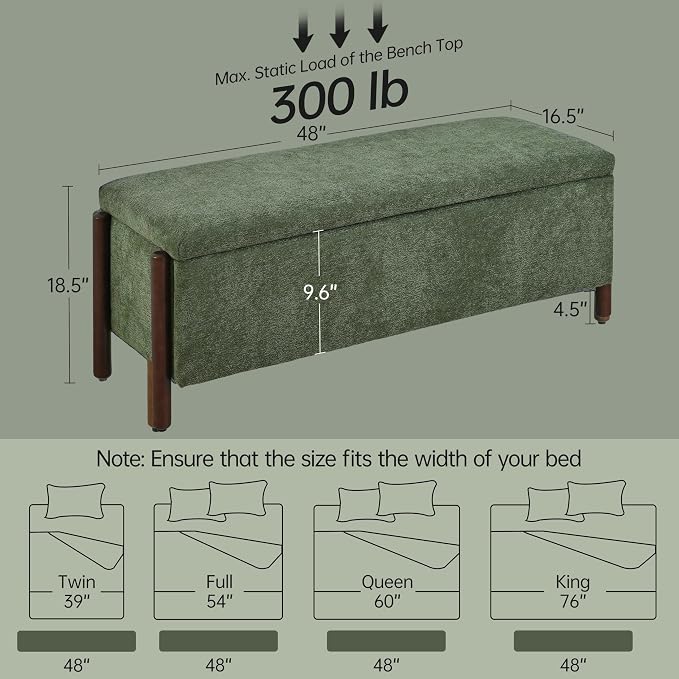 Usaint Wooden Storage Ottoman Bench, 47" Fabric Upholstered End of Storage Bench with Rubberwood Legs, Entryway Bench with Storage for Bedroom, Living Room, Reception, Cloakroom, Green