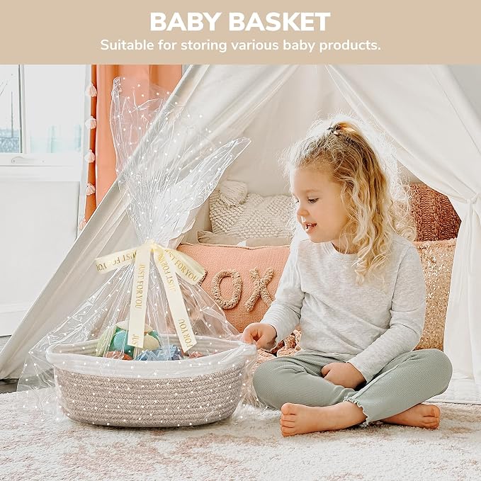 CHICVITA Rope Gift Baskets Empty with Bags & Ribbon, Boo Basket, Brown | 12"x 8"x 5" Small Woven Basket for Gift for Halloween Christmas Day, Cute Baskets for Snacks Toys with Durable Handles