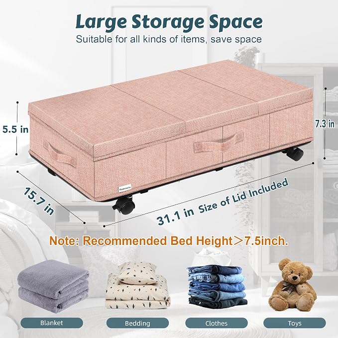 Supowin Under Bed Storage with Wheels, 2Pack Rolling Underbed Storage | 7.3 Inches Tall Under the Bed Container with Lids, Reinforced Handle, Reinforced Metal Bottom Support, 360° Rotating Wheels