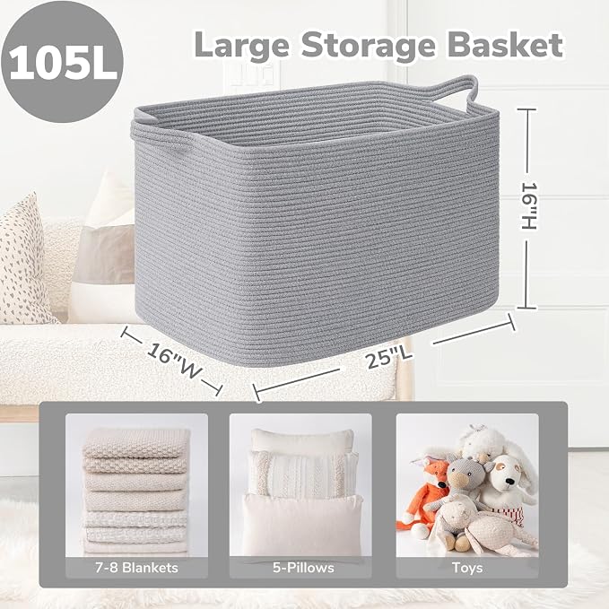 Goodpick 105L Extra Large Woven Blanket Basket, Cotton Rope Storage, Gray | 25 x 16 x 16 in, Rectangle, Blankets, Toys, Pillows & Clothes Storage, Living Room, Bedroom & Nursery Organization