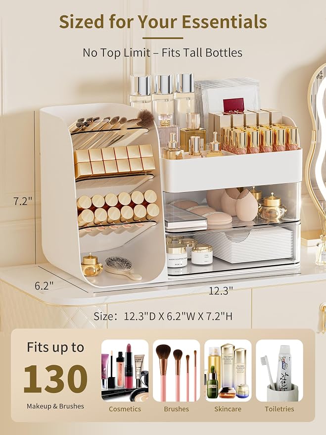 Booklov Small Makeup Organizer for Vanity Countertop, White | Clear Acrylic Cosmetic Display Case, Beauty Brush Holder for Bathroom Counter, Make Up Skincare Lipsticks Storage
