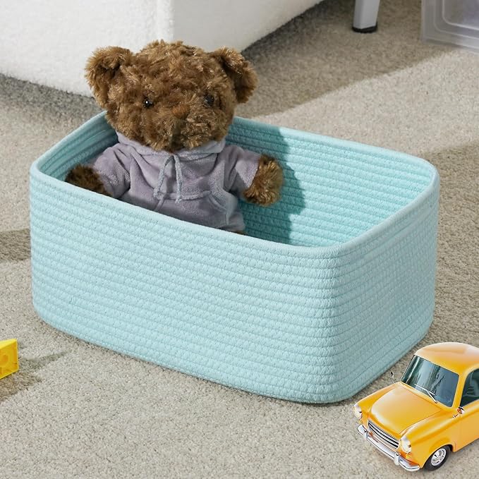 3-Pack Small Storage Baskets for Organizing | Woven Shelf Toy Basket | Rope Baskets for Gifts Empty | Closet Organizer Bins with Handles | Cube Decorative Box | 11.8×7.8×5.1” | Light Blue
