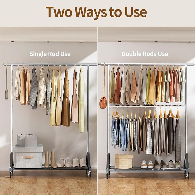 Luxspire Heavy Duty Clothes Rack with Lockable Wheels Load 600 LBS, Silver | Double hanging rods, heavy-duty iron mesh frame, adjustable extendable rods, ideal for laundry room & bedroom garment storage