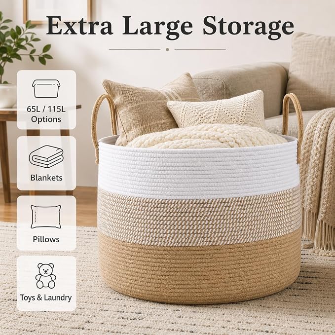 JMvicyroam 115L Extra Large Machine Washable Cotton Rope Blanket Basket | Collapsible laundry hamper, Reinforced handles, For blankets,pillows,toys and clothes, Living room and bedroom,White&Jute Mix