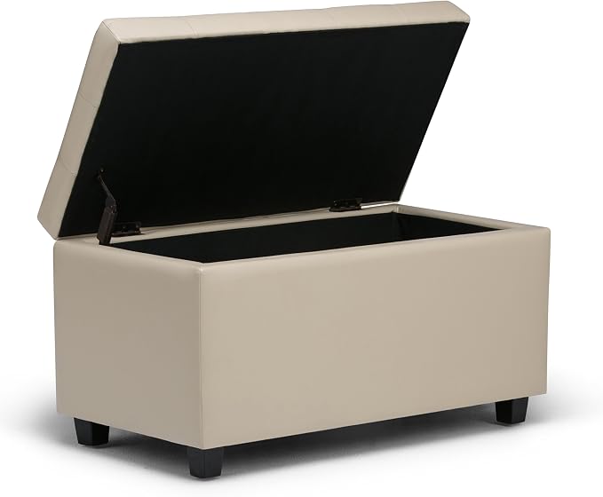 SIMPLIHOME Dover 36" Wide Linen Look Fabric Storage Ottoman in Slate Grey | Satin cream, transitional storage ottoman with tufting and lift-up lid; rectangle storage bench for living room or entryway.
