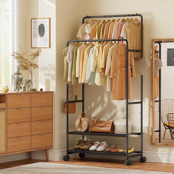Simple Trending Clothes Rack, Double Rods Clothing Rack with Shelves, Black | Metal Garment Rack with 2-tier Fabric Shelves, 400 LBS Load, Anti-Slip Stoppers, 360° Lockable Wheels, Bedroom, Laundry Room