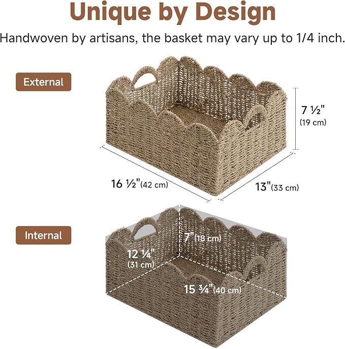 StorageWorks Scalloped Seagrass Baskets, Hand-woven Rattan Baskets with Built-in Handles, Cute Baby Basket for Nursery, Basket for Organizing and Decor, 16½"L x 13"W x 7½"H
