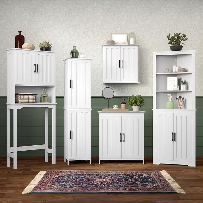 RiverRidge Monroe Two-Door Bathroom Floor Storage Cabinet - White | Linen Cabinet with Adjustable Interior Shelf and Soft Close Hinges, Matte Black Handles