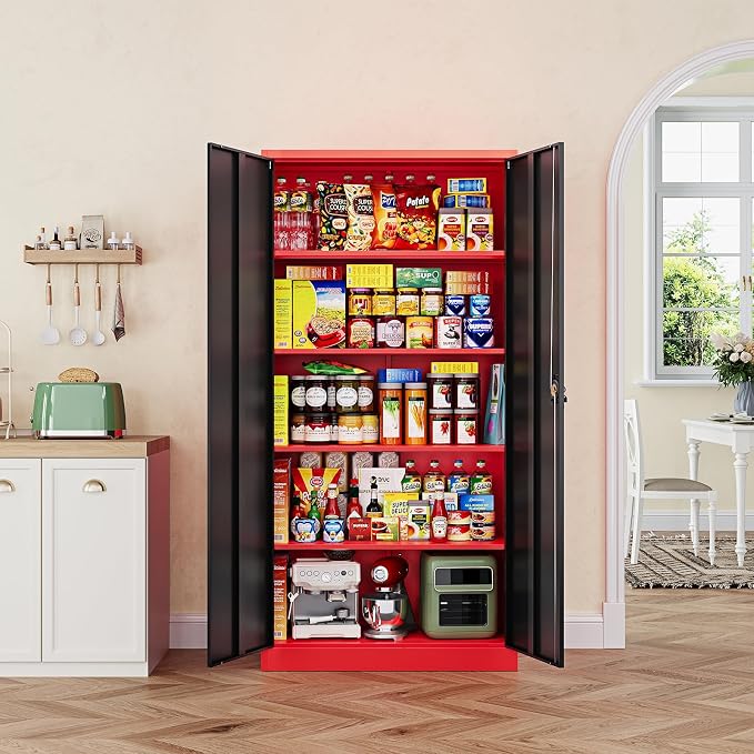 Letaya Metal Storage Cabinets with Lock, 72" Tall Locker Organizer Steel Cabinets, Adjustable Layers Shelves 2 Doors for Home, Office, Warehouse,Garage(Black Red)