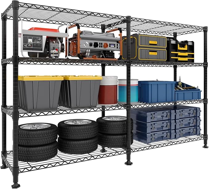 Garvee Metal Storage Shelves 4-Tier, Wire Shelving Rack 59"Wx13.8"Dx59.5"H, | Heavy Duty Load 1060LBS, Adjustable/L-shaped, Wire Rack, for Garage Kitchen Pantry Room Storage, Tool-Free Assembly, Black