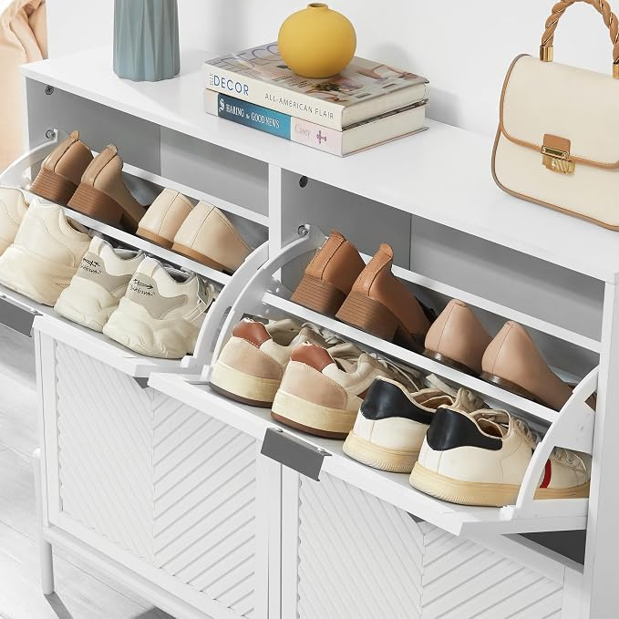 Shoe Cabinet with 4 Flip Drawers, Narrow Entryway Rack, White | Slanted Wood Grain, Freestanding, Adjustable Compartments, Removable Middle Shelf, Metal Handles, for Hallway Foyer Entrance