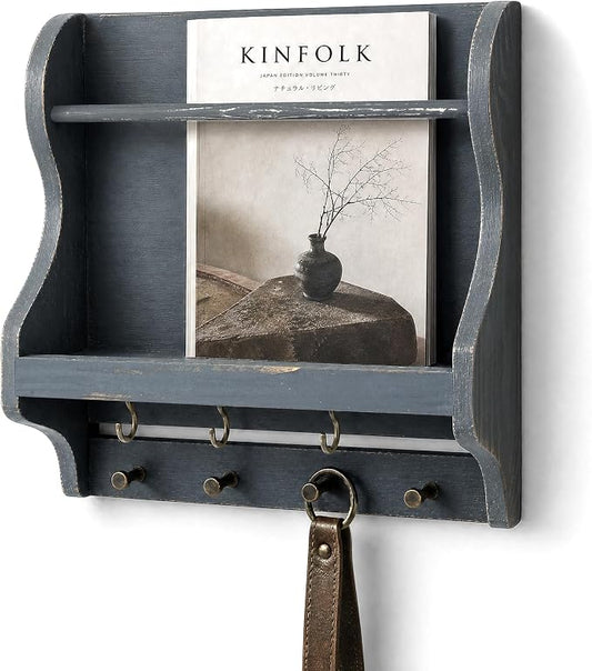 Pine Wood Mail Organizer Wall Mount with 7 Key Hooks Entryway, Royal Blue | Mail Holder for Wall, Key Hanger for Sunglasses and Wallets, Magazine Holder for Bill Storage, Apartment Rustic Aesthetic