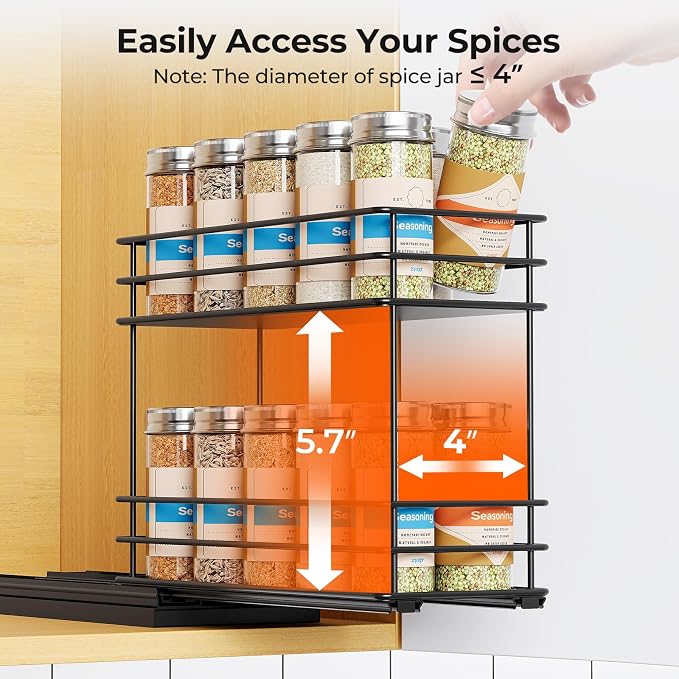 Mystozer Pull Out Spice Rack Organizer for Cabinet, Slide Out Spice Racks, Easy to Install, 4.33" Wx10.43 Dx8.66 H, 1 Drawer 2 Tiers(Black)