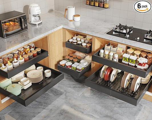 Seinloes 6 Pack Pull Out Cabinet Organizers 21" Deep With Raising Pad for Framed Cabinets, Expandable Slide Out Drawers with 4pcs Divider Racks, Roll Out Shelves, Adjustable Width 12"-20.45" Black