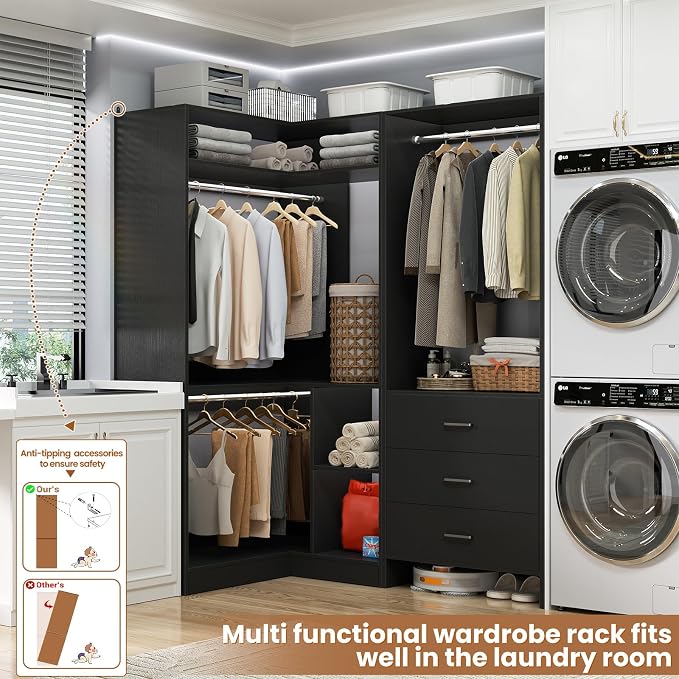 Aheaplus Closet System with 3 Drawers, 2 Hanging Rods & Corner Tower, Corner Closet System with Hanging, L-Shaped Walk-In Wardrobe Organizer, 1300+ lbs Capacity, Set of 2, Black