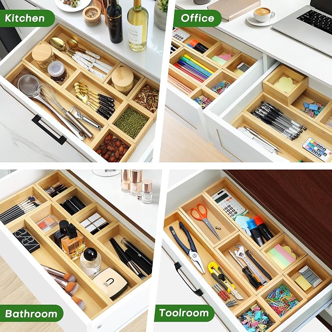 MapleGrace Bamboo Drawer Organizer Set, 9 PCS Wood Storage Organizers | Multi-Use Junk Drawer Divider, Storage Trays Containers for Kitchen, Bathroom, Office Desk, Makeup, Jewelry, Utensils