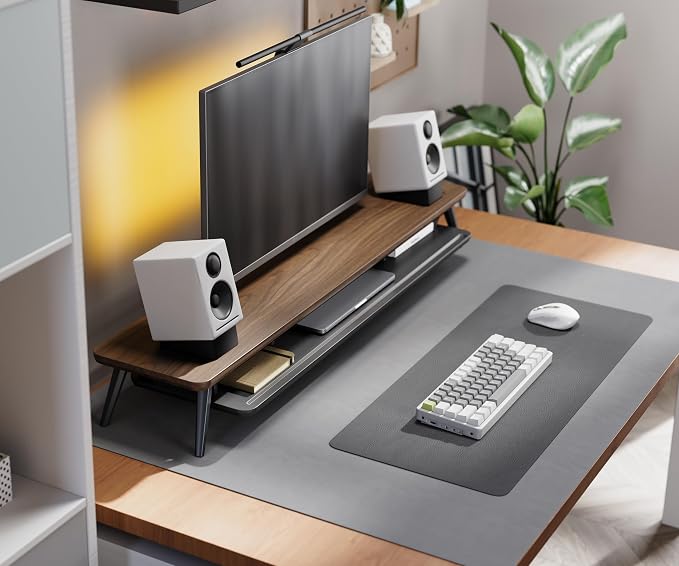 Fenge Dual Monitor Stand Riser, Wooden Desk Shelf with 2-Tier Storage | 42.5-Inch Wide, Sturdy Aluminum Legs, Built-In Phone & Tablet Slot, Desktop Organizer for Office Accessories