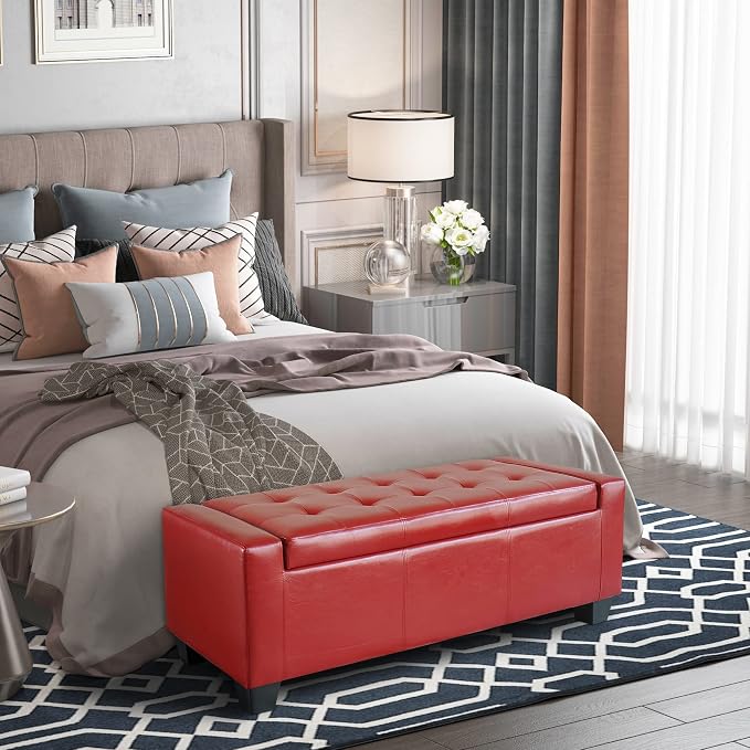 HOMCOM 51" Ottoman with Storage Safty Hinge Upholstered 330 lb Bright Red | Storage Ottoman Bench, Faux Leather Entryway Bench, Seating for Living Room, Bedroom