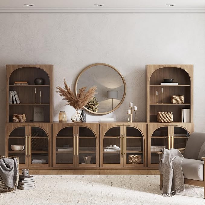 BELLEZE 6-Piece Modular TV Stand Set - 4 Arched Glass Door Entertainment Center & 2 Hutch Storage Units, Classic Modern Large Media Console with Adjustable Shelves for Living Room Family Room, Camel