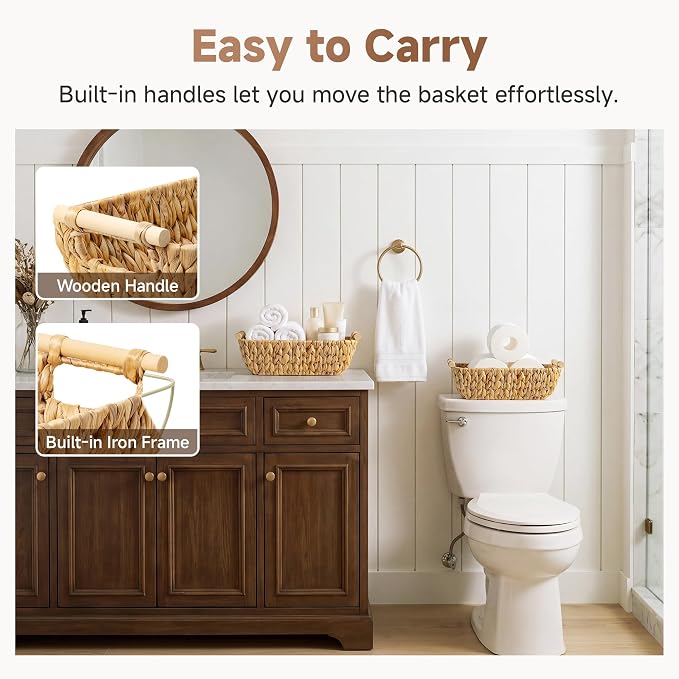 StorageWorks Hand-Woven Small Wicker Baskets, Water Hyacinth Storage Baskets with Wooden Handles, 2-Pack