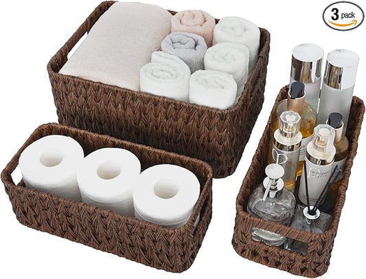 Granny Says Storage Baskets For Shelves, Waterproof Basket For Organizing | Small Woven Storage Baskets for Shelf, Rattan Basket For Organizing, Wicker Basket Set, 3-Pack Small Waterproof Baskets