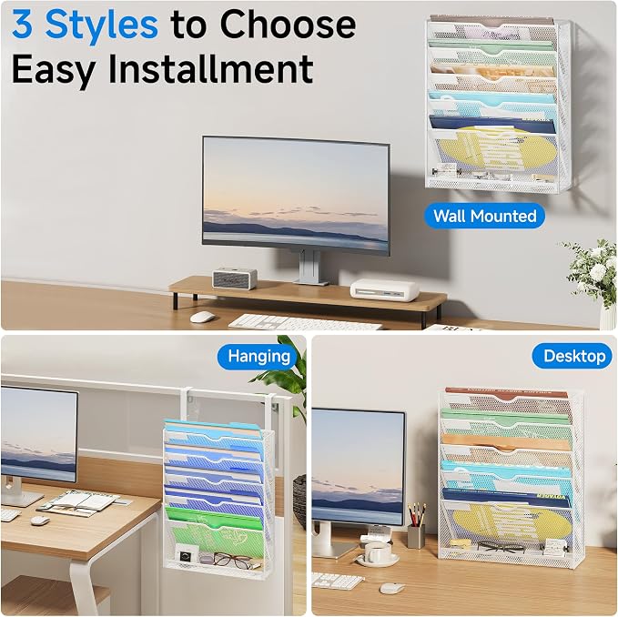 Lavatino 6-Tier Hanging File Organizer with Hooks – No Installation Needed, Wall-Mounted File & Magazine Organizer for Office and Home (White)