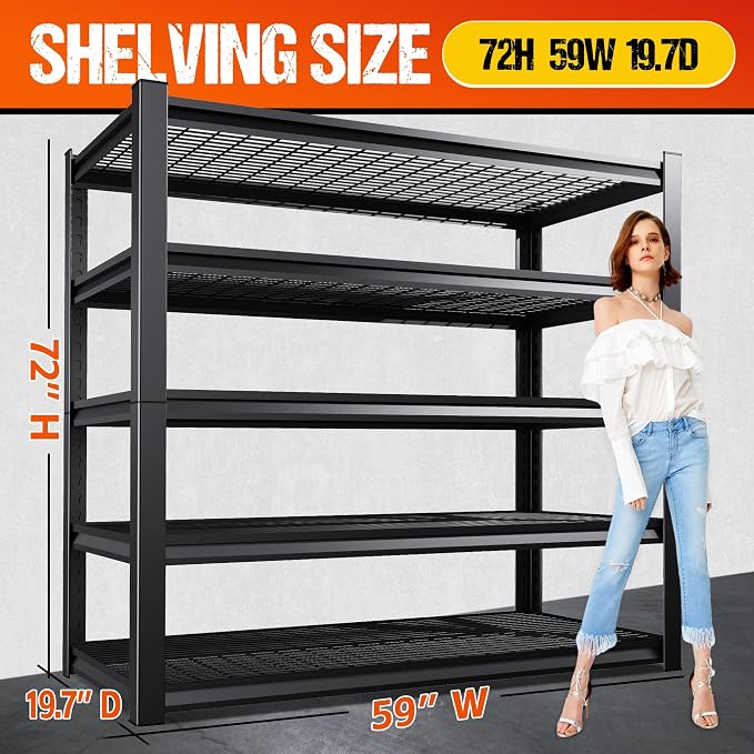 Set of 2 Heavy Duty Garage Shelving 5T Storage Shelves, Adjustable Metal Shelving Unit, Utility Garage Organizer Shelf for Basement, Pantry, Warehouse, Supermarket, 59" W x 19.7" D x 72" H