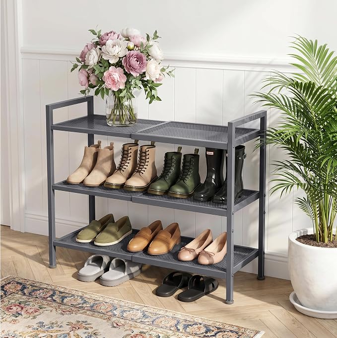 Shoe Rack, Expandable Shoe Rack for Closet, Adjustable Shoe Organizer for Entryway, Shoe Storage Organizer for Door Entrance, Garage, Bedroom (Grey, 3-Tier)