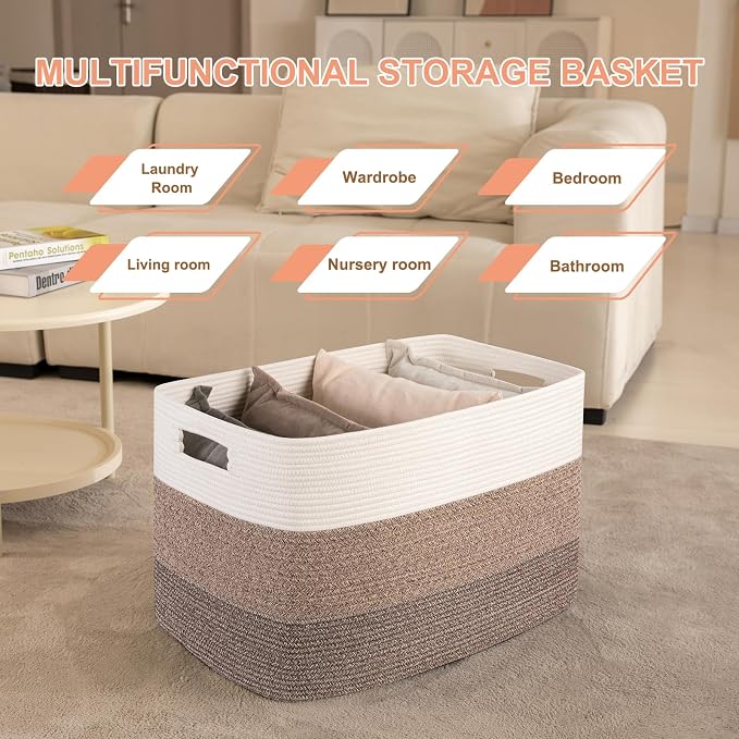 OIAHOMY 108L Large Cotton Rope Basket, Rectangle Woven Baskets for Storage, Nursery Blanket Storage Living Room, Toy Basket with Handle-25”x16”x16”-Gradient Dark Brown