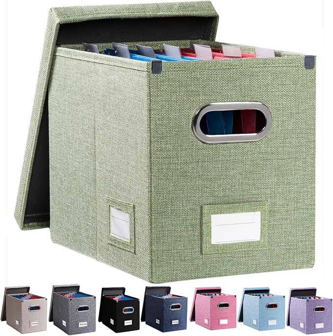 File Organizer Box - Set of 1 Collapsible Decorative Linen Filing Storage Hanging File Folders with Lids Office Cabinet Letter Size Green (14x9.3x10.8 inch)