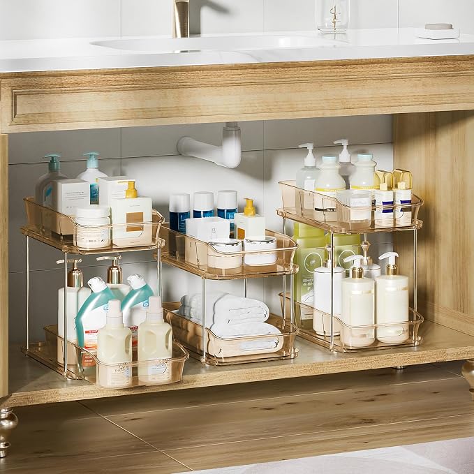 Delamu 2-Tier Under Sink Organizers and Storage, Multi-Purpose Stackable Bathroom Cabinet organizers, Pull Out Kitchen Pantry Organization and Storage with Dividers(3 Pack, Amber)