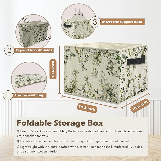 Watercolor Green Botanical Storage Box Bins, Rustic Cottagecore Flower Botanical Collapsible Storage Basket Organizer for Bedroom Laundry Room Home Clothes Books, Decor for Room