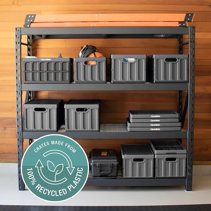 CleverMade Collapsible Storage Bins with Lids, 62L, 3 Pack, Ocean | Large-capacity bins support 100 lb and stack securely. The lid stores underneath, and each crate folds to 2.5 inches.